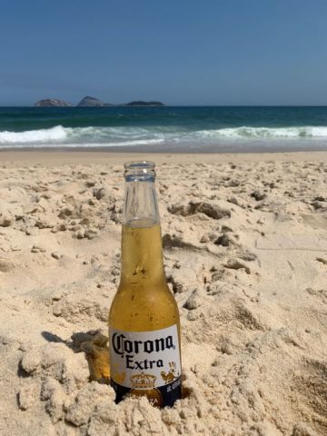 A Corona beer in the sand at Ipanema Beach