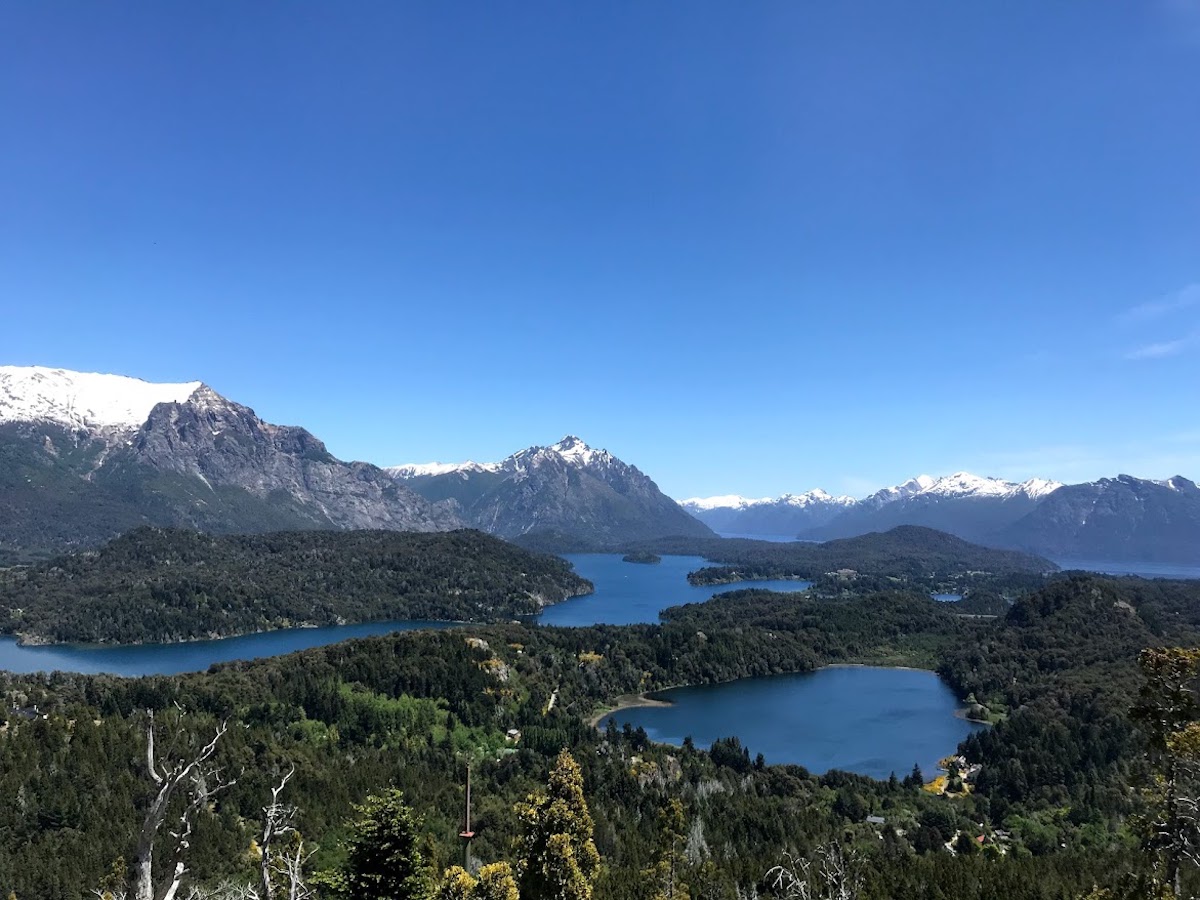 Stunning blue sky over the mountains and lakes of Patagonia from Cerro Campanario in Bariloche, Argentina. 