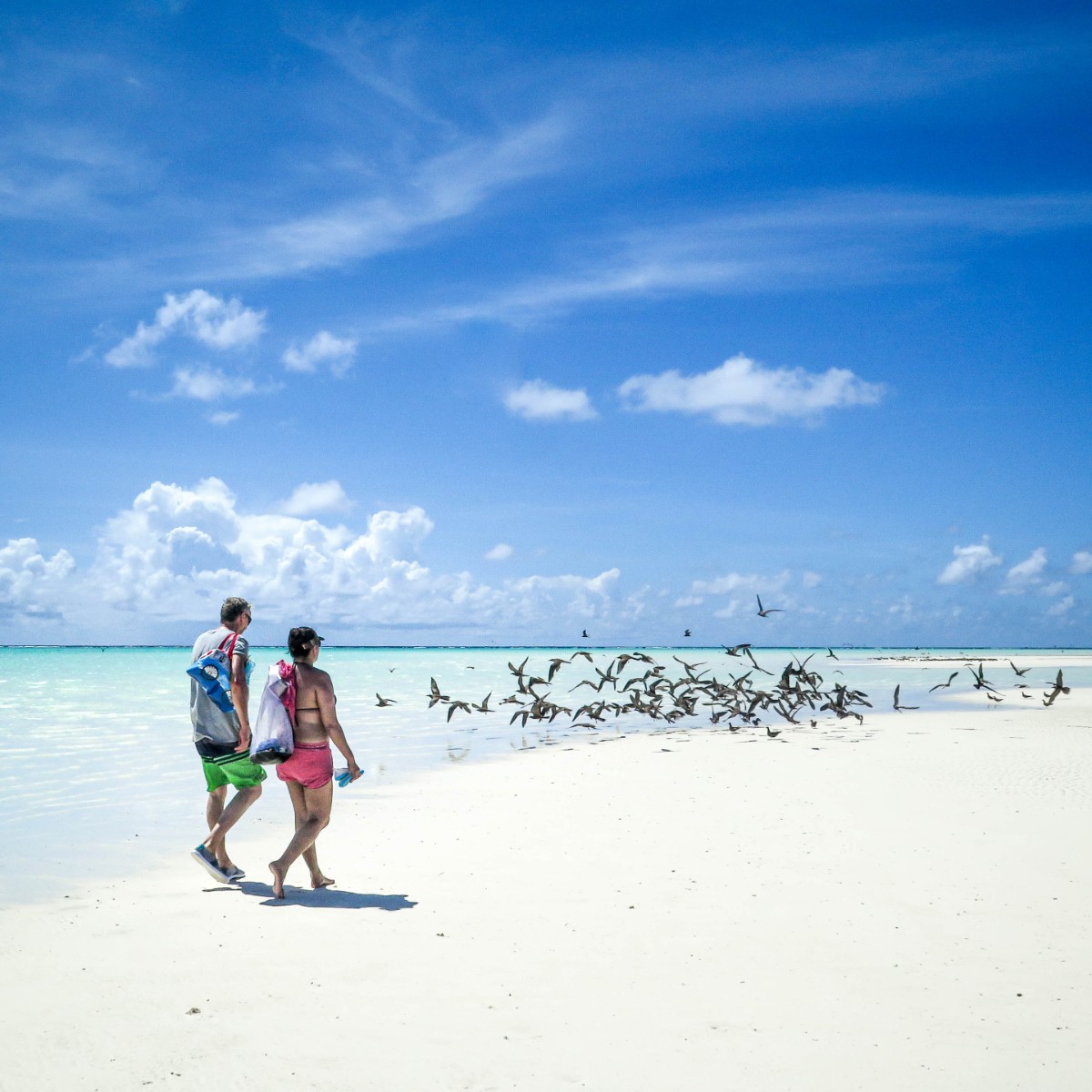 Two people walking down a white sand beach with blue skies in Tahiti - photo by Larissa Rolley, photography course creator at Wanderful