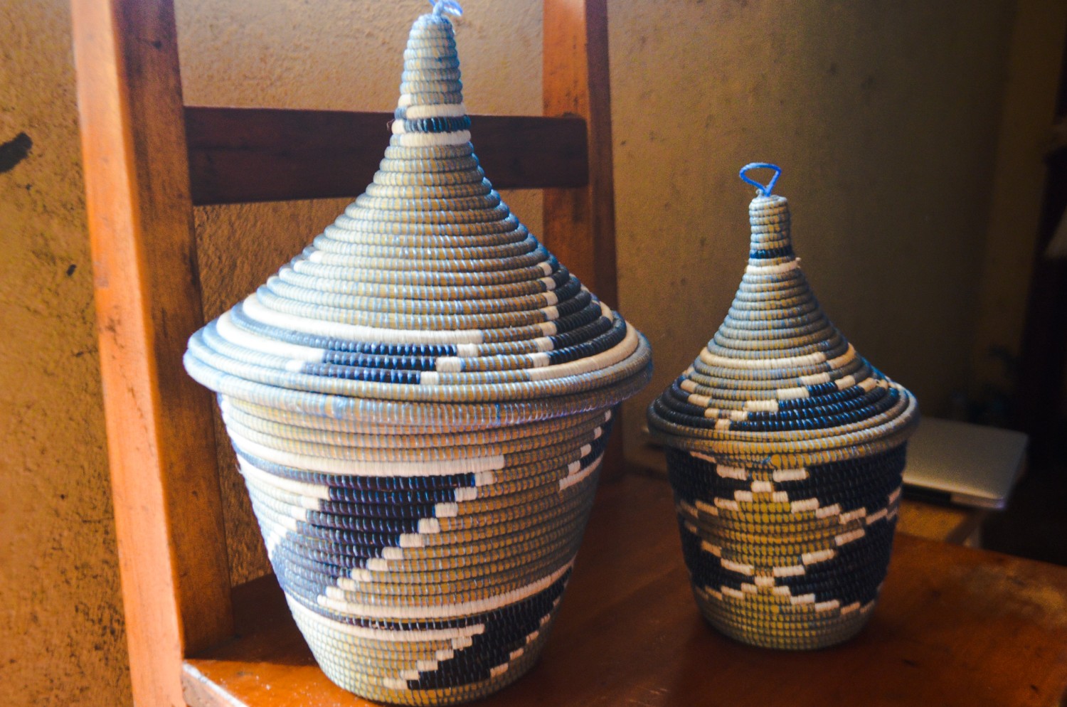 Traditional Rwanda peace basket - woven in various colors with a pyramid top