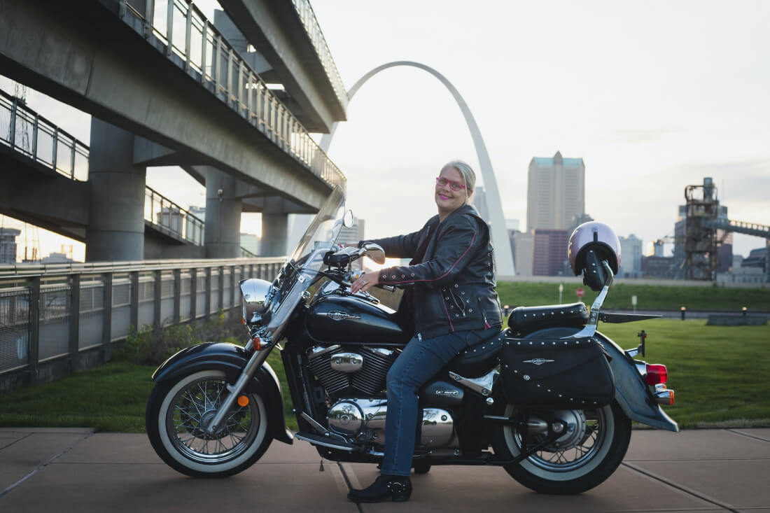 Teresa Willis of Sparkle Adventures on her motorcycle ready for the perfect road trip