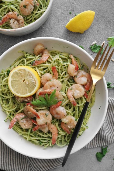 Kale pesto pasta with lemon garlic shrimp