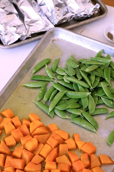peas added to sheet pan