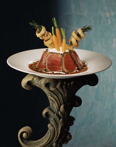 Fancy seared tuna dish on pedestal