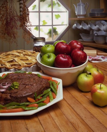 Roast beef and apple pie in a country kitchen